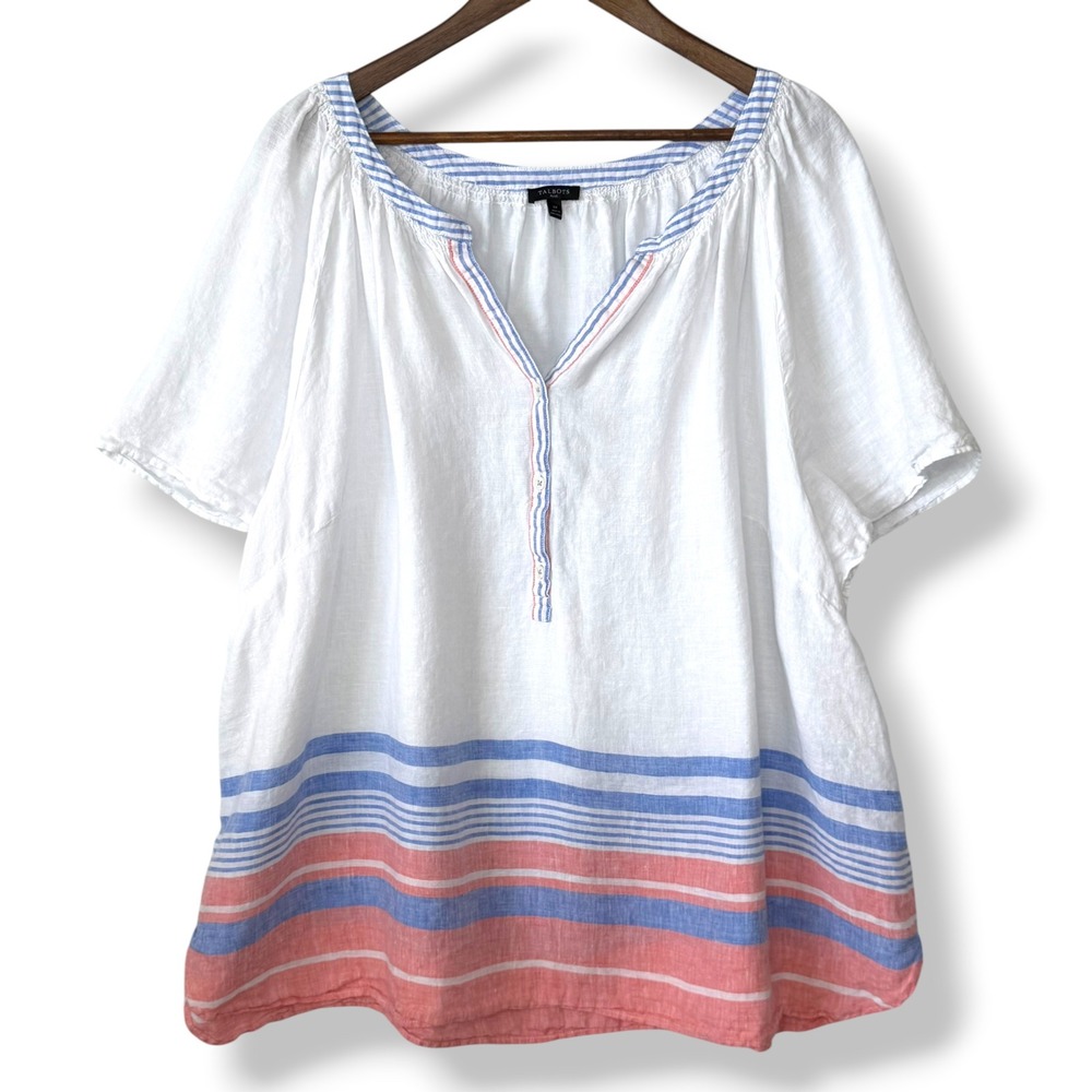 Talbots Plus Blouse 3X White Blue Stripe 100% Linen Henley Short Sleeve Coastal